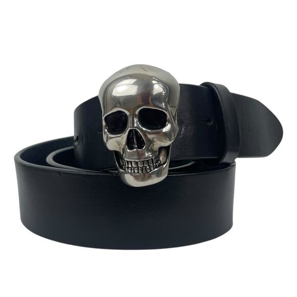 Alexander Mcqueen 3D Skull Black Leather Belt Silver Bucklet Size 90/36 - Picture 2 of 12